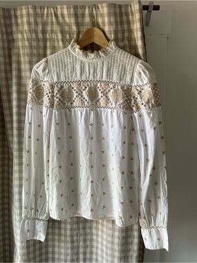 Sezane White Blouse with Tan Embroidery